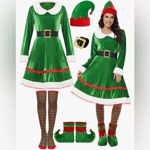 Women Christmas Elf Costume Set Velvet Dress